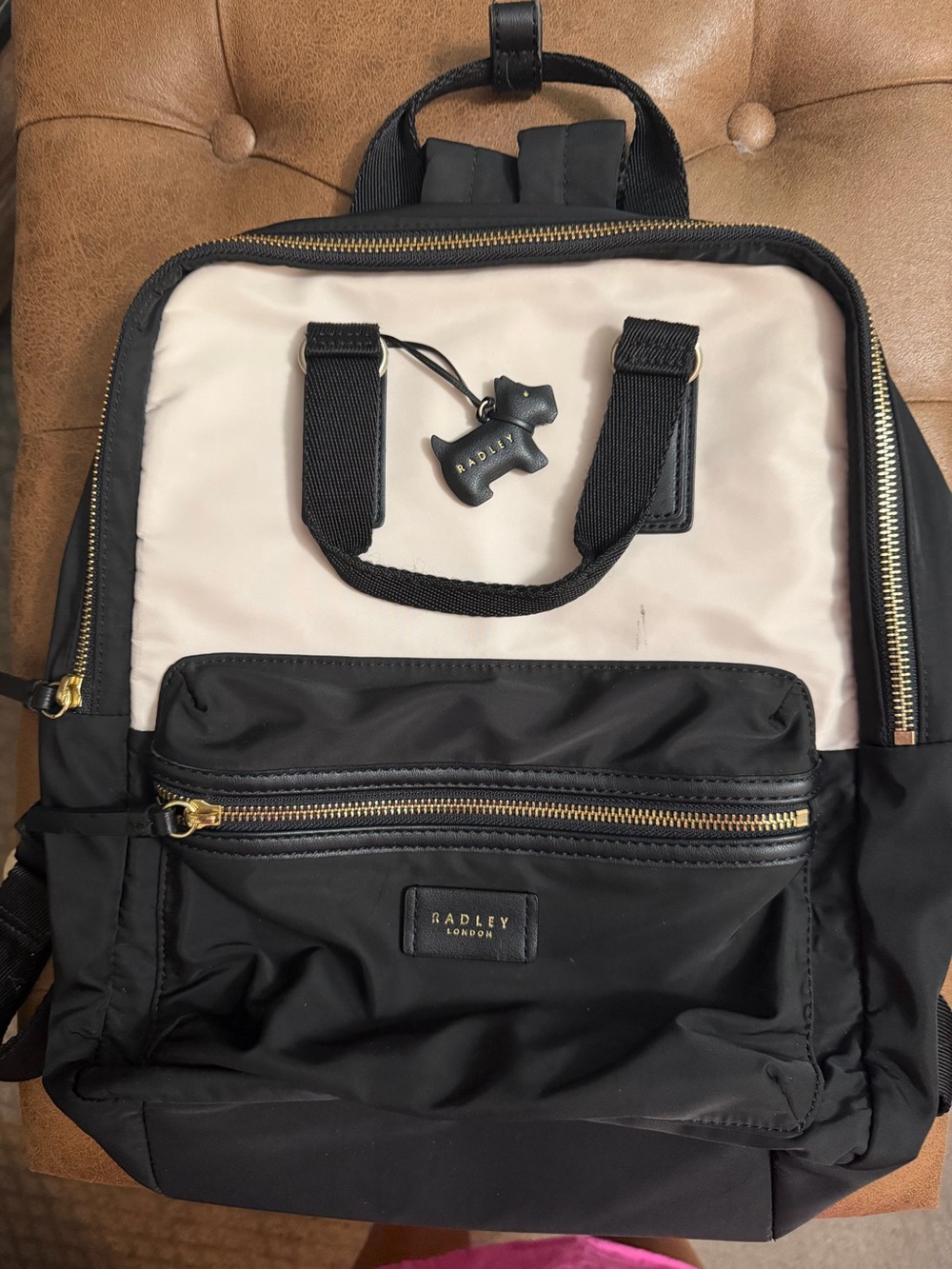 RADLEY London Nylon Elia Mews Zip Around Backpack Black Tan Dog